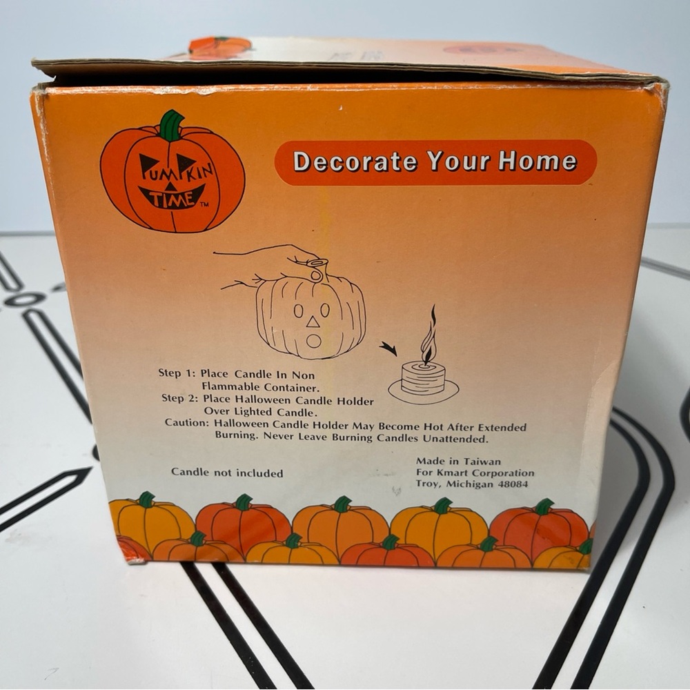 Vintage Pumpkin Time 6" Ceramic Jack O Lantern Candle Holder Orange Green Box - Picture 10 of 10